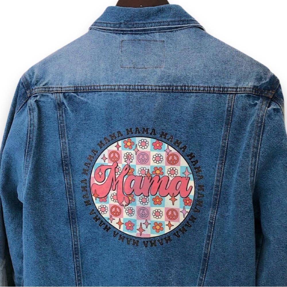 Brooklynn Cloth Custom Mama Distressed Graphic Denim Blue Jean Jacket Sz Medium